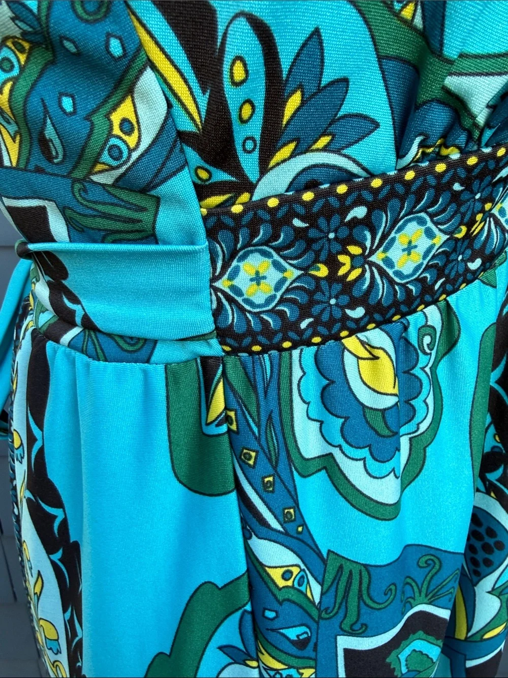 Snap Turquoise and Black Printed Maxi Dress medium 70’s style blue retro
